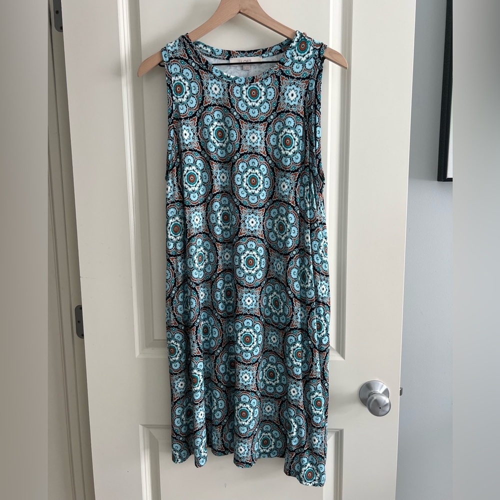 LOFT Blue Brown Paisley Medallion Sleeveless Dress Size L